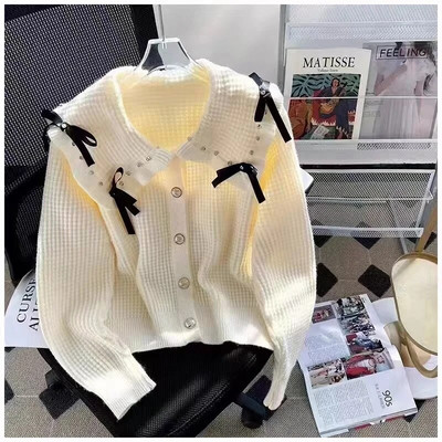 Sieviešu lelles apkakle, brīva trikotāžas jaciņa pavasara rudens īss džemperis, bantīte Dimanta saldie trikotāžas izstrādājumi Topi кардиган женский