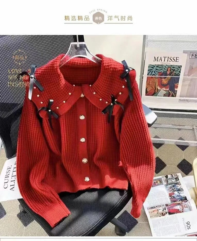 Sieviešu lelles apkakle, brīva trikotāžas jaciņa pavasara rudens īss džemperis, bantīte Dimanta saldie trikotāžas izstrādājumi Topi кардиган женский