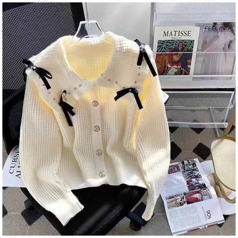 Sieviešu lelles apkakle, brīva trikotāžas jaciņa pavasara rudens īss džemperis, bantīte Dimanta saldie trikotāžas izstrādājumi Topi кардиган женский