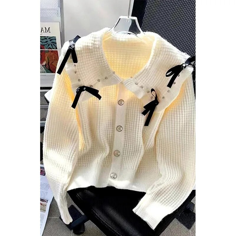 Sieviešu lelles apkakle, brīva trikotāžas jaciņa pavasara rudens īss džemperis, bantīte Dimanta saldie trikotāžas izstrādājumi Topi кардиган женский