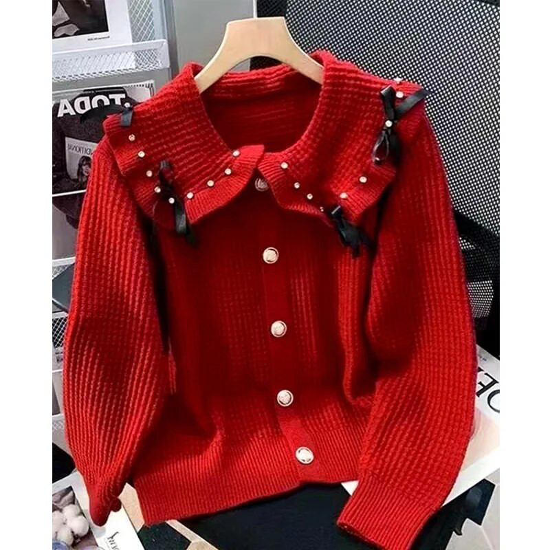 Sieviešu lelles apkakle, brīva trikotāžas jaciņa pavasara rudens īss džemperis, bantīte Dimanta saldie trikotāžas izstrādājumi Topi кардиган женский
