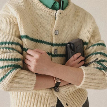 Раирана ретро плетена горна част за дамски есенно-зимни трикотажни облекла Нова жилетка с копчета за палто, пуловер с дълъг ръкав, дамска жилетка