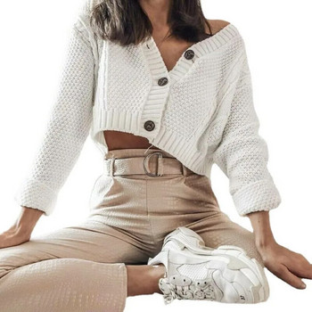 Есен 2023 Дамски секси пуловер Трикотажни копчета Секси отворени копчета V-образно деколте с дълъг ръкав Едноцветно топ Модно дамско облекло