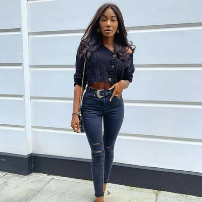 2023. gada rudens sieviešu seksīgs džemperis, trikotāžas poga, seksīga, atvērta poga ar V veida kakla izgriezumu, garām piedurknēm vienkrāsains, moderns sieviešu apģērbs