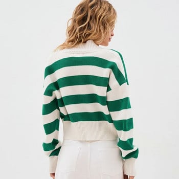 Дамски пуловер с контрастен цвят, плетен есен 2023, предстояща дамска елегантна свободна жилетка в уличен стил, копчета, модно горнище