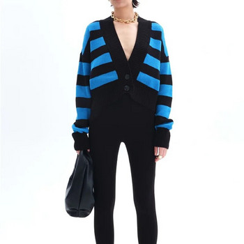 Дамски пуловер с контрастен цвят, плетен есен 2023, предстояща дамска елегантна свободна жилетка в уличен стил, копчета, модно горнище