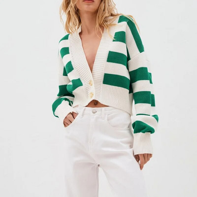 Γυναικείο πουλόβερ με αντίθεση πλεκτό φθινόπωρο 2023 Προσεχές Γυναικείο Κομψό Loose Street Style Ζακέτα με κουμπί Turnover Fashion Top