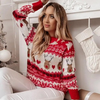Зимни коледни пуловери за 2023 г. за жени Топли удебелени джъмпери Сладък трикотаж с принт на лосове Дамски пуловери Y2K Дрехи Коледна визия