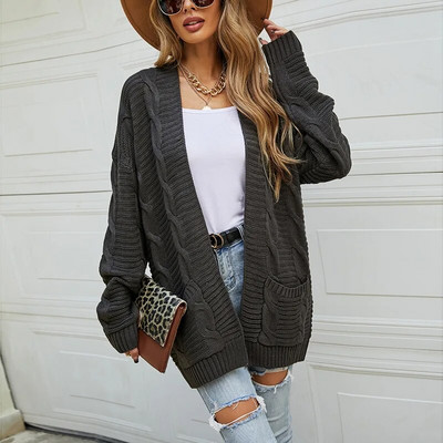 Rudens sieviešu apģērbi Super modes trikotāžas jakas Sieviešu vienkrāsains kabatas ceptas mīklas savīti stila džemperis