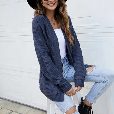 Rudens sieviešu apģērbi Super modes trikotāžas jakas Sieviešu vienkrāsains kabatas ceptas mīklas savīti stila džemperis