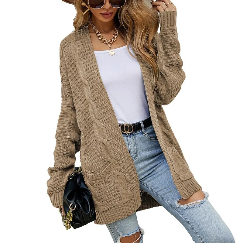 Rudens sieviešu apģērbi Super modes trikotāžas jakas Sieviešu vienkrāsains kabatas ceptas mīklas savīti stila džemperis