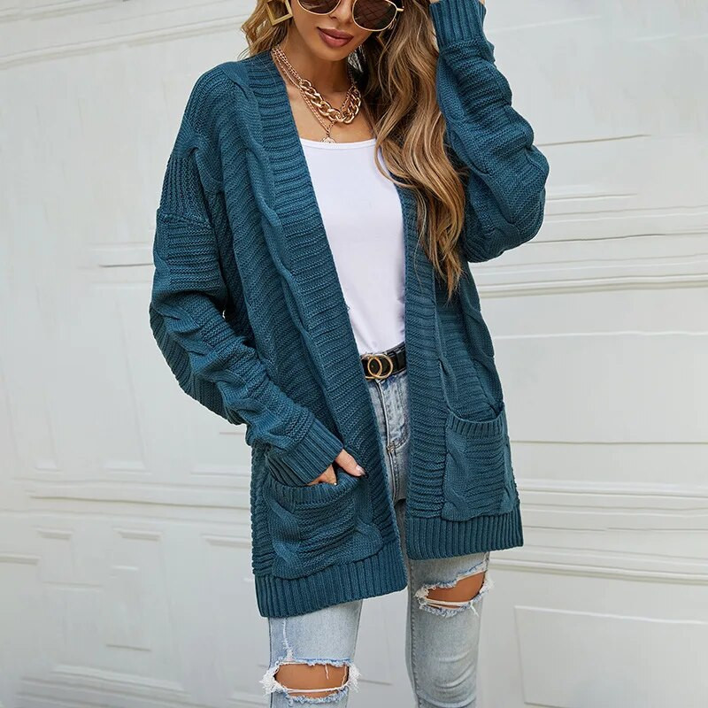 Rudens sieviešu apģērbi Super modes trikotāžas jakas Sieviešu vienkrāsains kabatas ceptas mīklas savīti stila džemperis