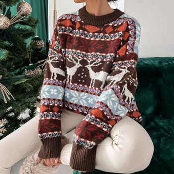 Зимни коледни пуловери за 2023 г. за жени Трикотажни изделия с дълъг ръкав и О-образно деколте с принт на елени Ежедневни пуловери с големи размери Женска коледна визия