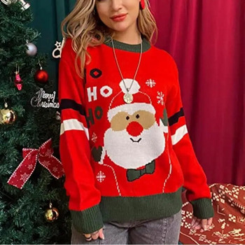 Коледен подарък за жени 2023 г. Нови постъпления Пуловери Карикатурен принт на Дядо Коледа Сладки плетива Ежедневни свободни джъмпери Дамски пуловери