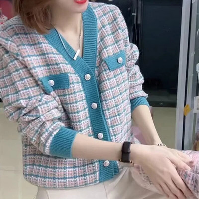 Trikotāžas jaka Sieviešu Pavasara Rudens Jaunums 2023. gada garām piedurknēm V veida kakla izgriezuma trikotāžas džemperi Sieviešu ikdienišķa sieviešu mēteļi