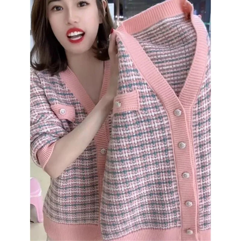 Trikotāžas jaka Sieviešu Pavasara Rudens Jaunums 2023. gada garām piedurknēm V veida kakla izgriezuma trikotāžas džemperi Sieviešu ikdienišķa sieviešu mēteļi