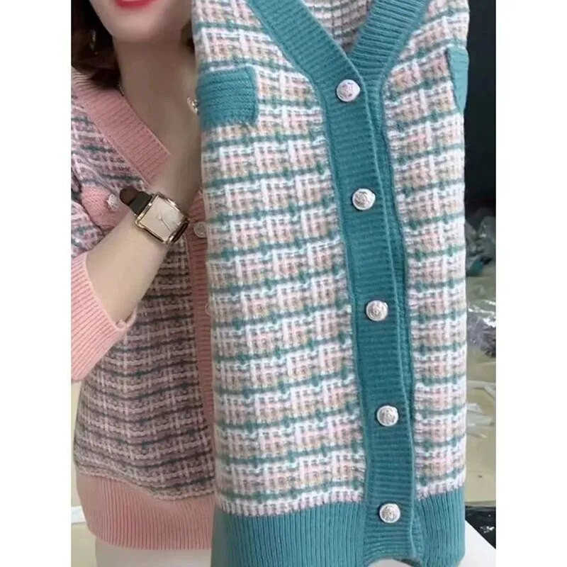 Trikotāžas jaka Sieviešu Pavasara Rudens Jaunums 2023. gada garām piedurknēm V veida kakla izgriezuma trikotāžas džemperi Sieviešu ikdienišķa sieviešu mēteļi