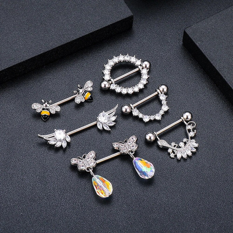 2gab Mīlīgs krūšu pīrsings Stienis Nerūsējošā tērauda kristāla krūšu vairogs Sirds Zieds Krūšu gredzeni Juvelierizstrādājumu korpuss 1.6mm*16mm