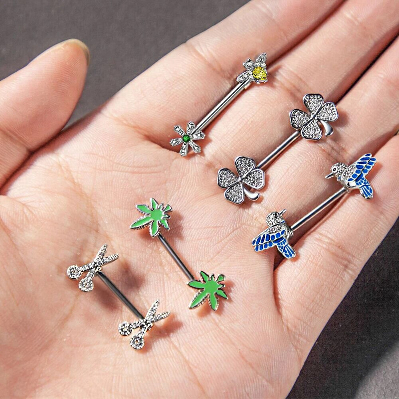 2gab Mīlīgs krūšu pīrsings Stienis Nerūsējošā tērauda kristāla krūšu vairogs Sirds Zieds Krūšu gredzeni Juvelierizstrādājumu korpuss 1.6mm*16mm