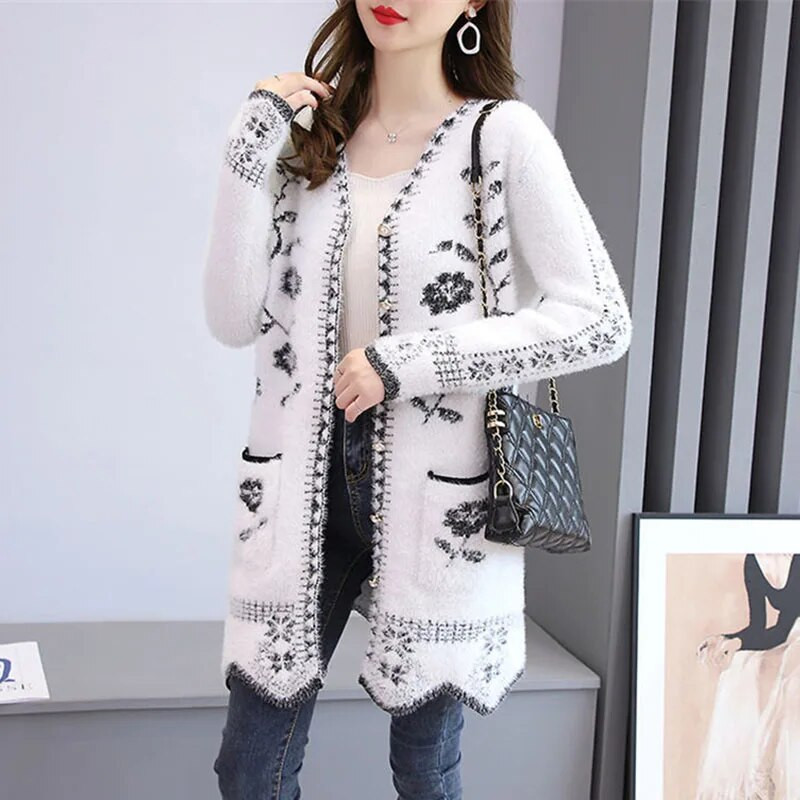 Rudens ziemas džemperis jaka sievietēm, jauns 2023. gada modes žakarda pogas Trikotāžas jakas Sieviešu ikdienas sieviešu džemperu jakas augšdaļa