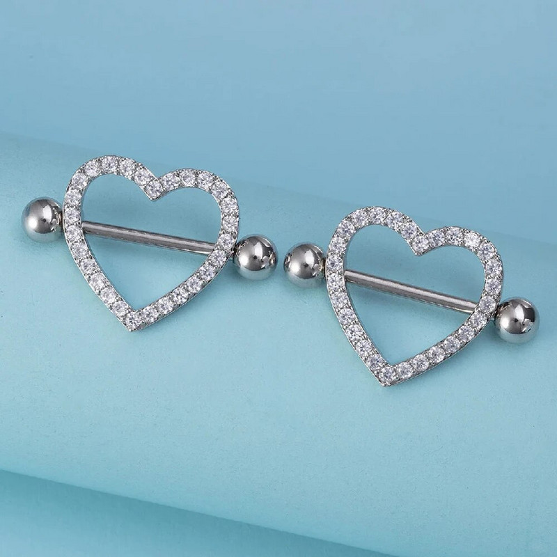 2 gab. Titāna tērauda sirds krūšu pīrsings zils rozā kristāla cirkona seksīgi krūšu gredzeni sievietēm, 14 g vairogs, stieņa rotaslietas