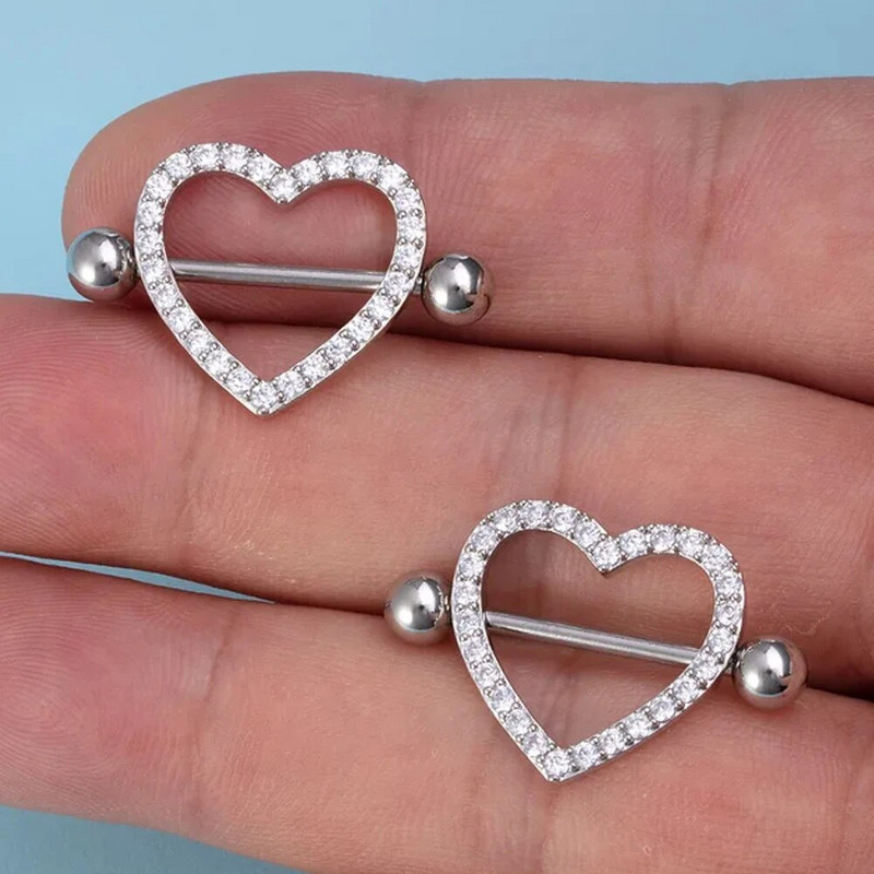 2 gab. Titāna tērauda sirds krūšu pīrsings zils rozā kristāla cirkona seksīgi krūšu gredzeni sievietēm, 14 g vairogs, stieņa rotaslietas