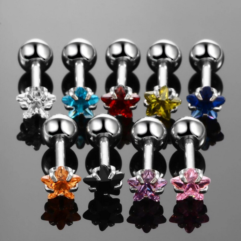 1 gab. Tērauda kristāla dārgakmeņu auss skrimslis spirālveida gredzeni sirds zvaigzne apaļa forma Orelha auss radze Tragus stieņa pīrsings seksīga rotaslieta 16G