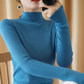 Rudens žiemos moteriški megztiniai su pusiau aukšta apykakle, laisvalaikio ploni, ploni marškiniai megztiniai Pilka juoda mėlyna megztinis trikotažas