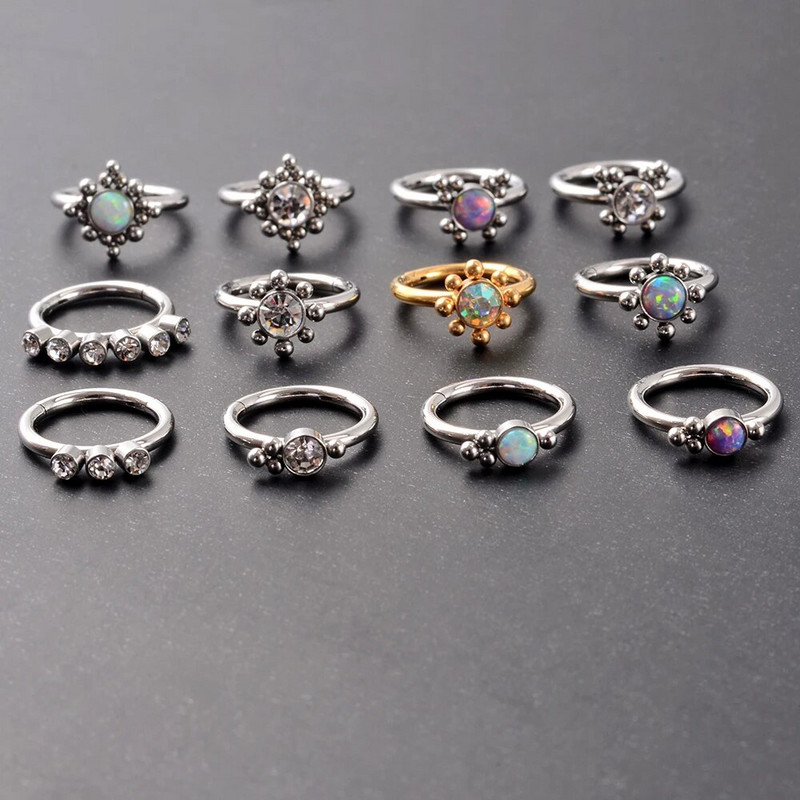 1 gab nerūsējošā tērauda Opāls starpsienas klikšķinātājs deguna stīpas gredzens Cz auss Tragus Helix skrimslis cirkons Daith auskari ķermeņa pīrsings rotaslietas
