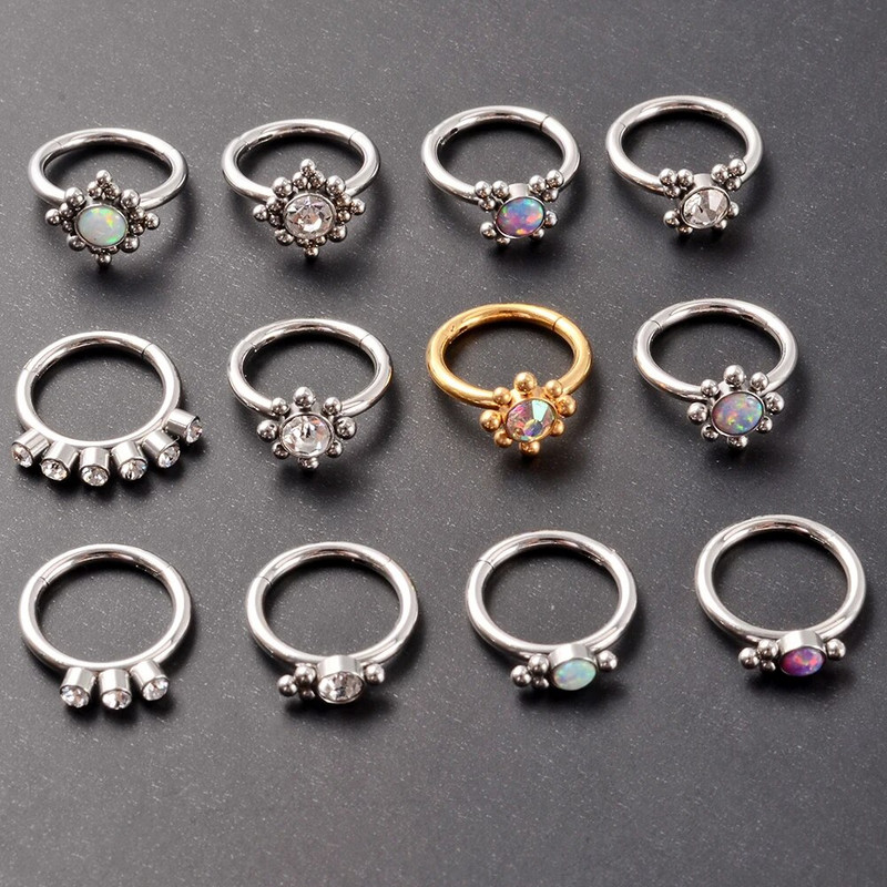 1 gab nerūsējošā tērauda Opāls starpsienas klikšķinātājs deguna stīpas gredzens Cz auss Tragus Helix skrimslis cirkons Daith auskari ķermeņa pīrsings rotaslietas
