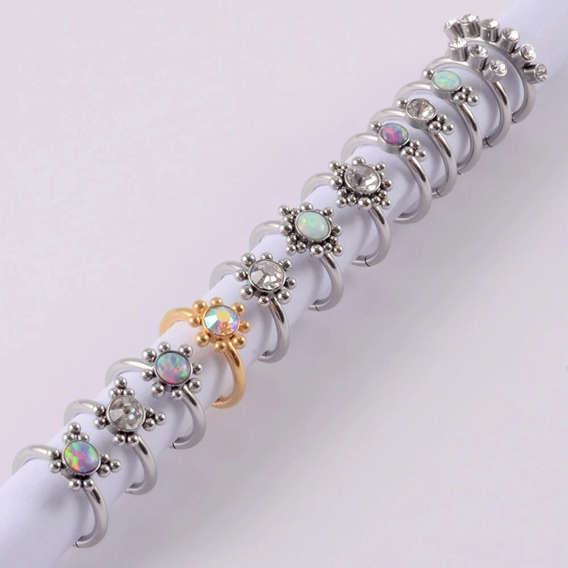 1 gab nerūsējošā tērauda Opāls starpsienas klikšķinātājs deguna stīpas gredzens Cz auss Tragus Helix skrimslis cirkons Daith auskari ķermeņa pīrsings rotaslietas