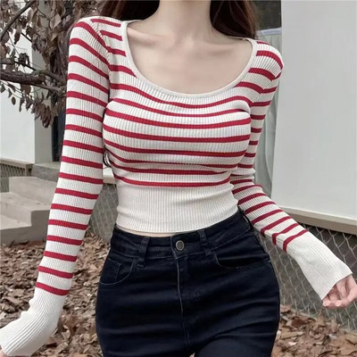 Csíkos pulóverek Női Őszi O gallér Szabadidő Egyszerű Vágott kötöttáru Elegáns Diákok Vintage klasszikus pulóver Ulzzang divat