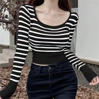 Csíkos pulóverek Női Őszi O gallér Szabadidő Egyszerű Vágott kötöttáru Elegáns Diákok Vintage klasszikus pulóver Ulzzang divat
