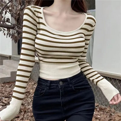 Csíkos pulóverek Női Őszi O gallér Szabadidő Egyszerű Vágott kötöttáru Elegáns Diákok Vintage klasszikus pulóver Ulzzang divat