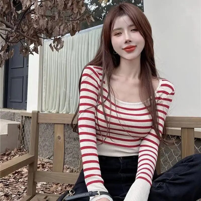 Csíkos pulóverek Női Őszi O gallér Szabadidő Egyszerű Vágott kötöttáru Elegáns Diákok Vintage klasszikus pulóver Ulzzang divat