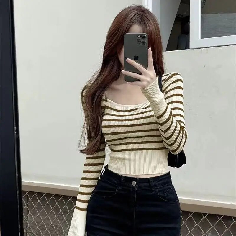 Csíkos pulóverek Női Őszi O gallér Szabadidő Egyszerű Vágott kötöttáru Elegáns Diákok Vintage klasszikus pulóver Ulzzang divat