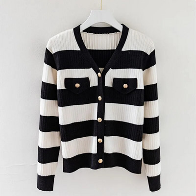 Πλεκτά Γυναικεία φαρδιά έξω από το Κορεάτικο 2023 Νέο Φθινόπωρο Χειμώνας Μικρή Μόδα Μακρυμάνικη Ζακέτα με ριγέ Γυναικεία μπλουζάκια