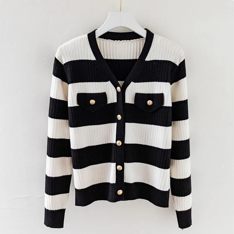 Πλεκτά Γυναικεία φαρδιά έξω από το Κορεάτικο 2023 Νέο Φθινόπωρο Χειμώνας Μικρή Μόδα Μακρυμάνικη Ζακέτα με ριγέ Γυναικεία μπλουζάκια