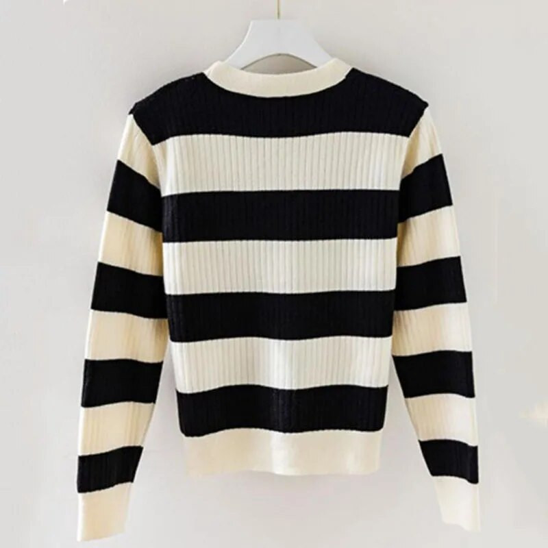 Πλεκτά Γυναικεία φαρδιά έξω από το Κορεάτικο 2023 Νέο Φθινόπωρο Χειμώνας Μικρή Μόδα Μακρυμάνικη Ζακέτα με ριγέ Γυναικεία μπλουζάκια