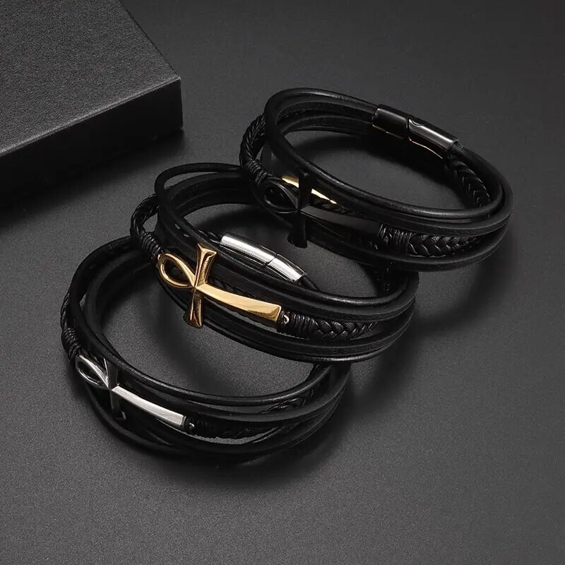 Απλό Κλασικό Σταυρό Αιγυπτιακό Ankh Life Σύμβολο Αντίκες δερμάτινο βραχιόλι Ανδρικά βραχιόλια με μαγνητικό κούμπωμα