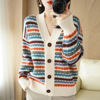Есен Зима Нова 2023 Корейска раирана плетена жилетка с V-образно деколте Дамски къси с широк пуловер Дамски ежедневни топли горнища