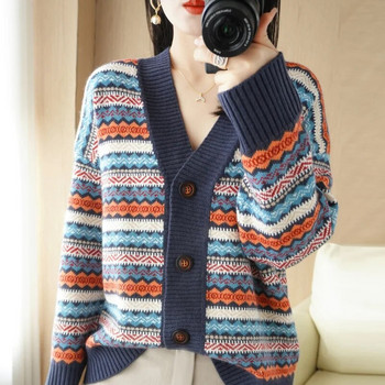 Φθινόπωρο Χειμώνας Νέο 2023 Κορεάτικη ριγέ μακρυμάνικη πλεκτή ζακέτα γυναικεία κοντή με χαλαρό πουλόβερ Γυναικεία καθημερινά ζεστά μπλουζάκια