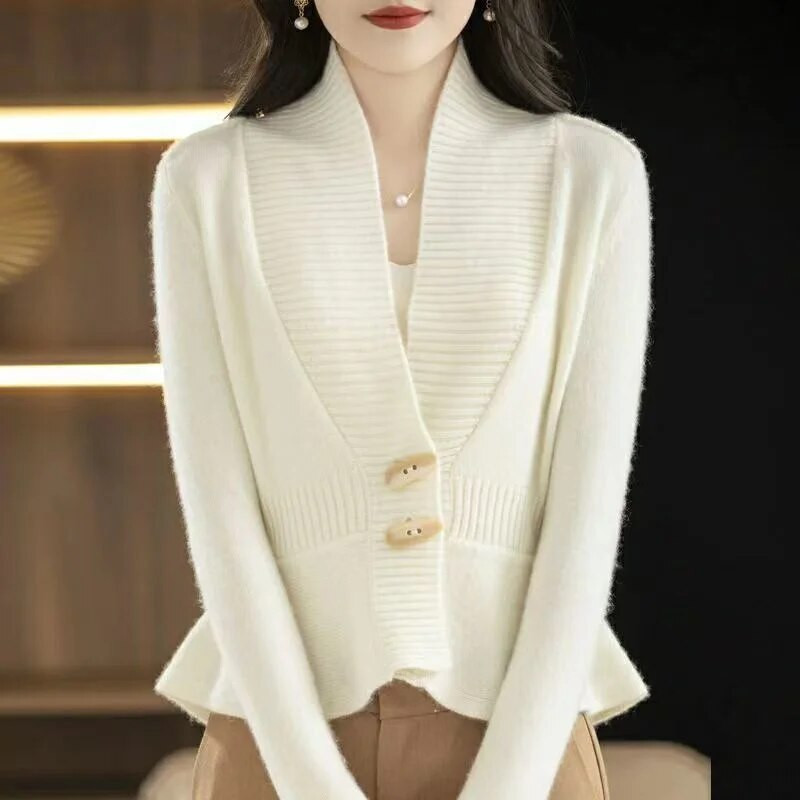 Moteriškas megztas megztinis 2023 m. rudens žiema Naujas ilgomis rankovėmis V formos kaklo megztinis Moteriškas laisvalaikio šiltas megztinis moteriškas megztinis