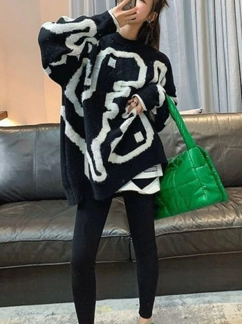 Γυναικείο πουλόβερ με κέντημα με πετσέτα Χειμώνας 2023 Νέα κορεατική έκδοση Παχύ φαρδύ με στρογγυλή λαιμόκοψη Πλεκτό μεσαίο μακρύ παλτό