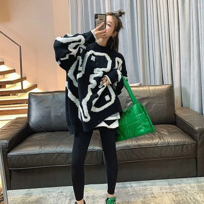 Törülközőhímzés, vastagított női pulóver 2023 téli új koreai változat, vastagított bő, kerek nyakú, közepesen hosszú kabát kötöttáru