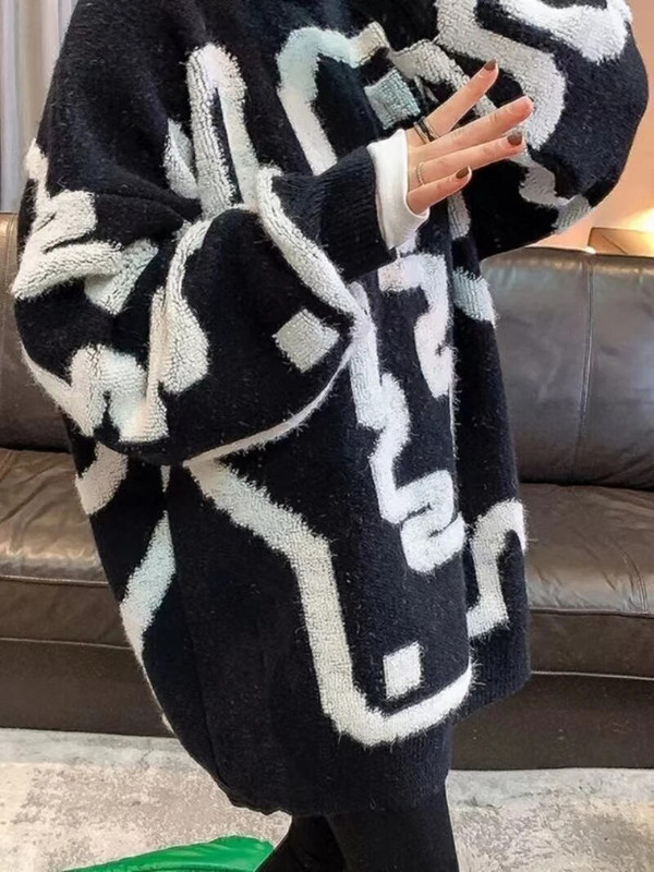 Törülközőhímzés, vastagított női pulóver 2023 téli új koreai változat, vastagított bő, kerek nyakú, közepesen hosszú kabát kötöttáru