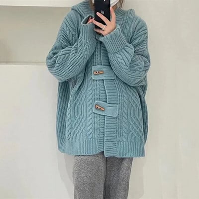 2023 m. Nauja rudens žiemos megztinė striukė Korėjos raguočiai su gobtuvu, megztas moteriškas laisvalaikio paltas, moteriškos viršūnės