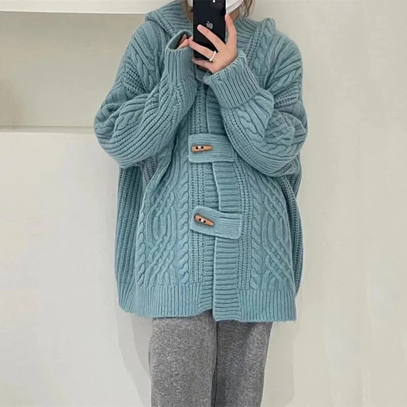 2023 m. Nauja rudens žiemos megztinė striukė Korėjos raguočiai su gobtuvu, megztas moteriškas laisvalaikio paltas, moteriškos viršūnės