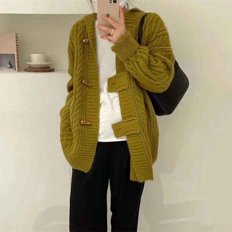 2023 m. Nauja rudens žiemos megztinė striukė Korėjos raguočiai su gobtuvu, megztas moteriškas laisvalaikio paltas, moteriškos viršūnės
