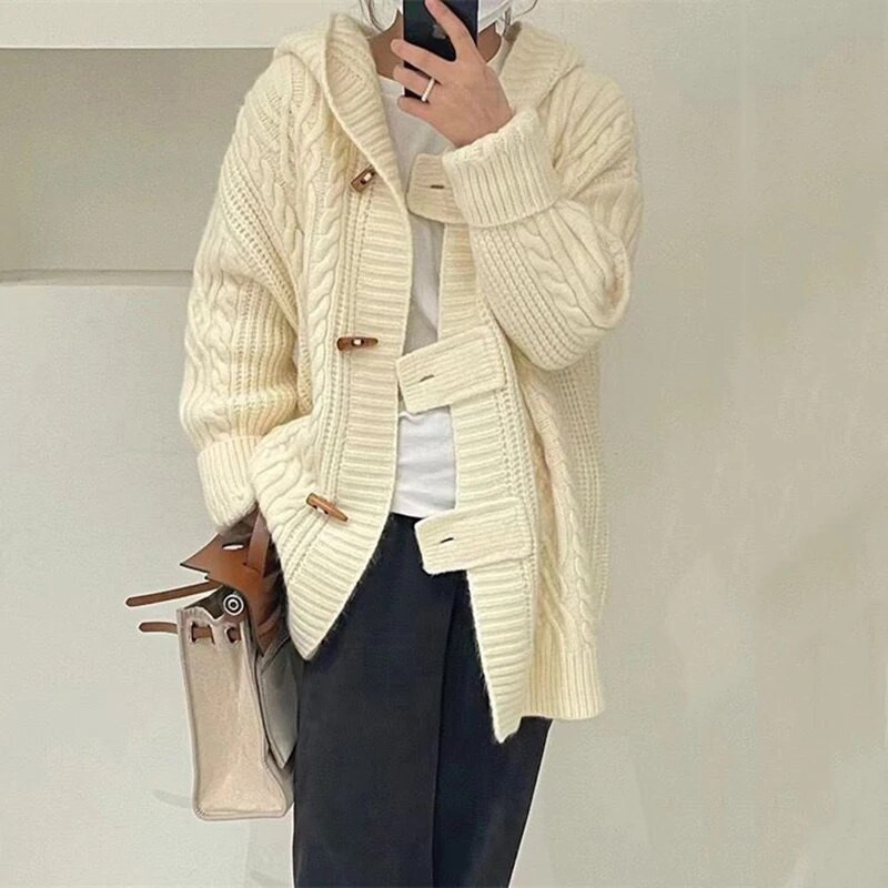 2023 m. Nauja rudens žiemos megztinė striukė Korėjos raguočiai su gobtuvu, megztas moteriškas laisvalaikio paltas, moteriškos viršūnės